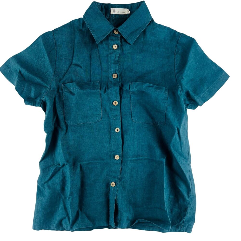 Hannah Canvas Womens Clara Top S Teal 100% Linen Short Sleeve Button-Up Shirt